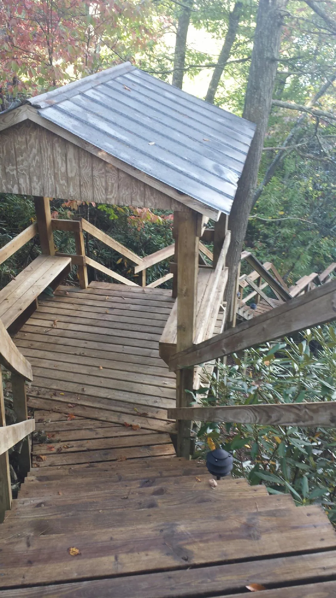 Metal roofed shelter over wooden steps on a wooded walkway — Skylight Repair & Installation work by our crew in Fingerville